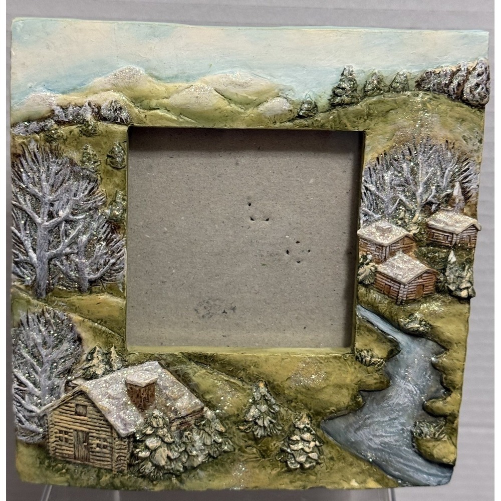 Vintage 3D Winter Snow Cabin Picture Frame 6x6 Scenics Log Cabin River For 3 X3"